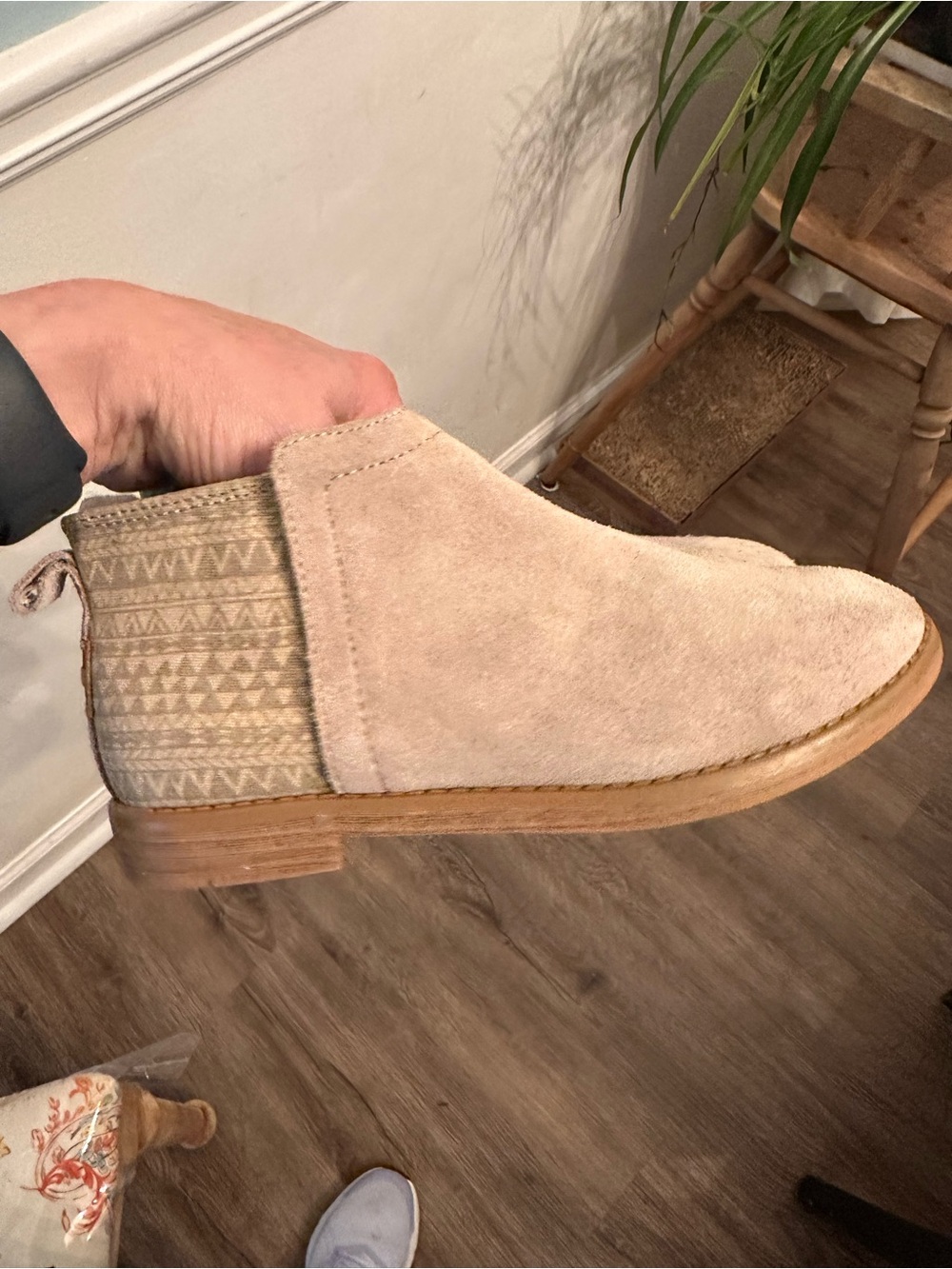 Toms Beige Suede Ankle Bootie with Patterned Fabric Panel YOUTH Y2